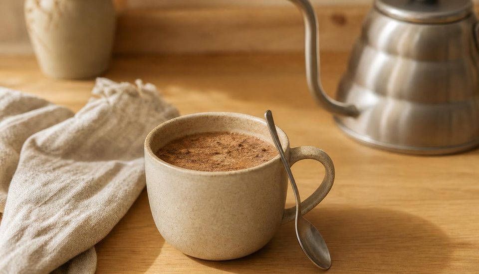 Tasse en grès remplie d'une boisson brune trouble où flotte encore un voile de poudre non mélangée, cuillère appuyée contre le bord et bouilloire à col fin en arrière-plan