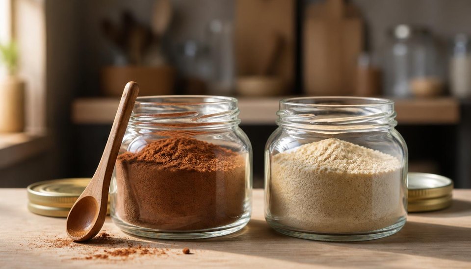 Deux bocaux de verre sans étiquette posés côte à côte, l'un empli de poudre brun-roux, l'autre de poudre beige pâle