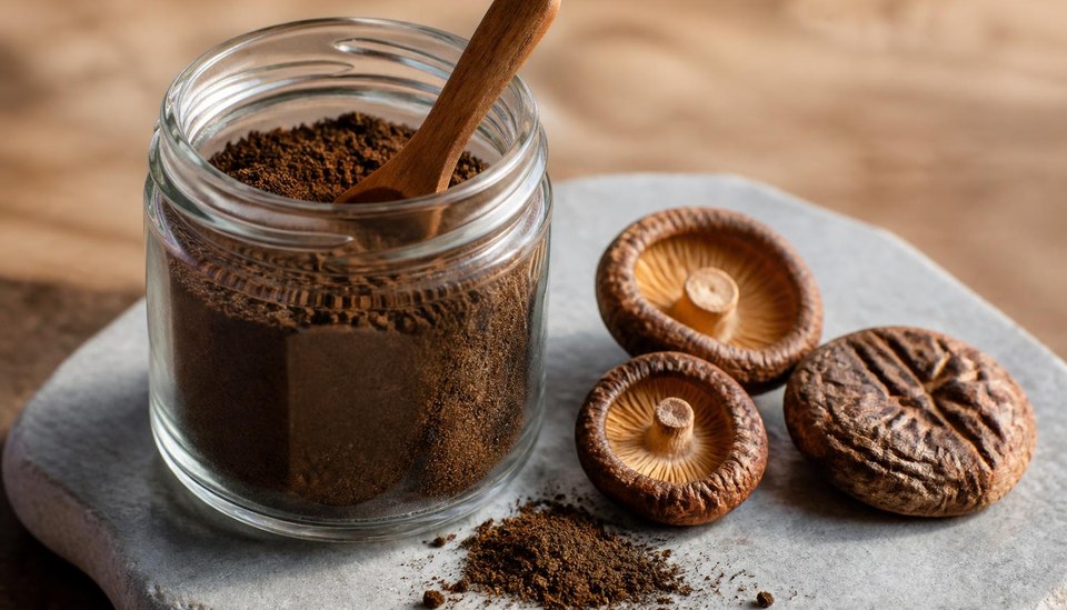Bocal de verre ouvert rempli de poudre de champignon brun foncé, petite cuillère en bois plantée dedans, chapeaux de shiitake séchés posés à côté sur une pierre claire