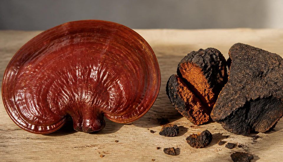 Console vernie de reishi brun-rouge posée à côté d'un morceau de chaga noir crevassé sur un plan de travail en bois