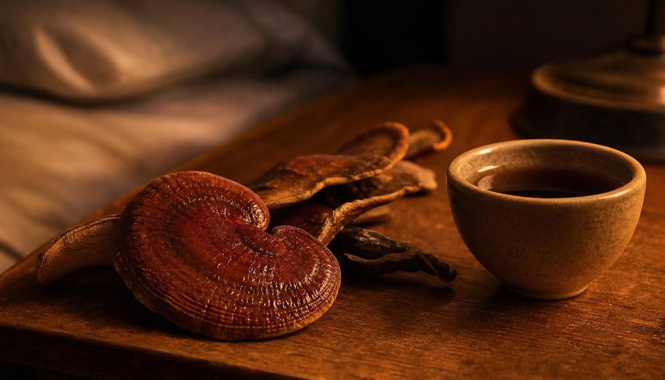 Tranches de reishi séchées et une tasse de décoction posées sur une table de chevet dans la pénombre