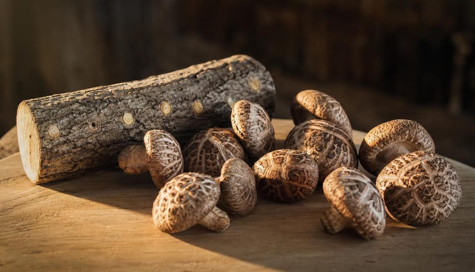 Chapeaux bruns de shiitakes frais posés sur une planche de bois, à côté d'un rondin de chêne percé de trous d'inoculation