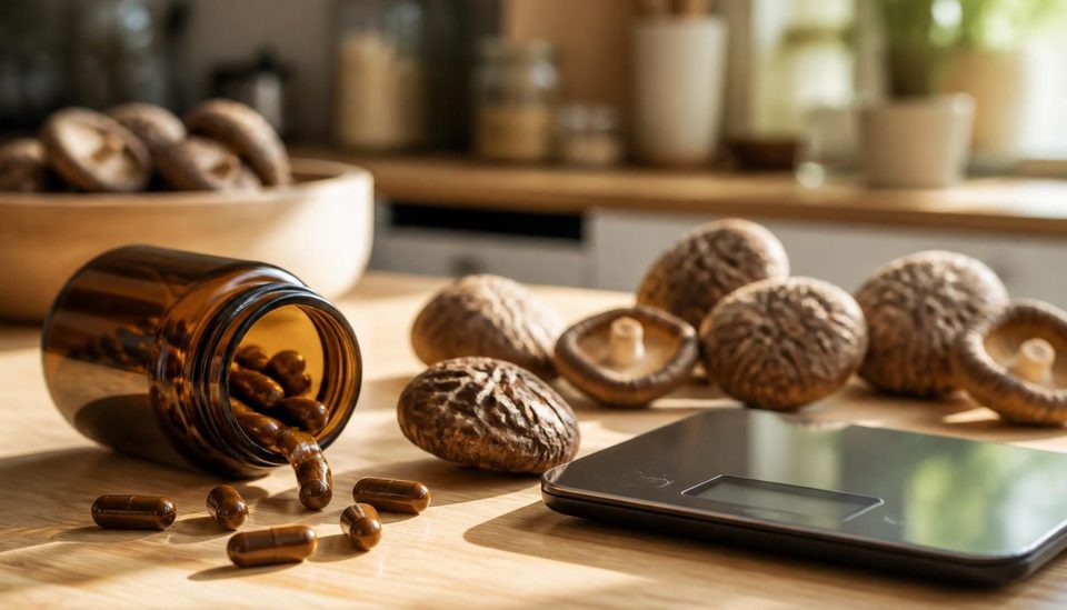 Pot de gélules de shiitake ouvert à côté d'une balance de cuisine et de chapeaux de shiitakes séchés
